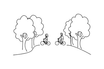 Couple cycling through a park line drawing illustration