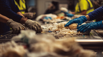 People sorting waste on a conveyor belt wearing gloves and safety vests at a recycling facility