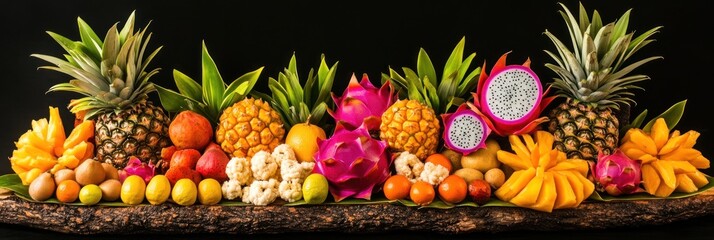 Exotic fruits arrangement with pineapple, dragon fruit, and mangoes on a wooden board