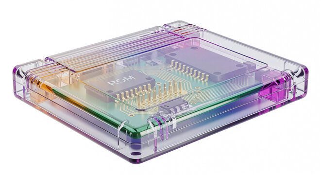 Transparent cartridge showing internal electronic components with rom chip
