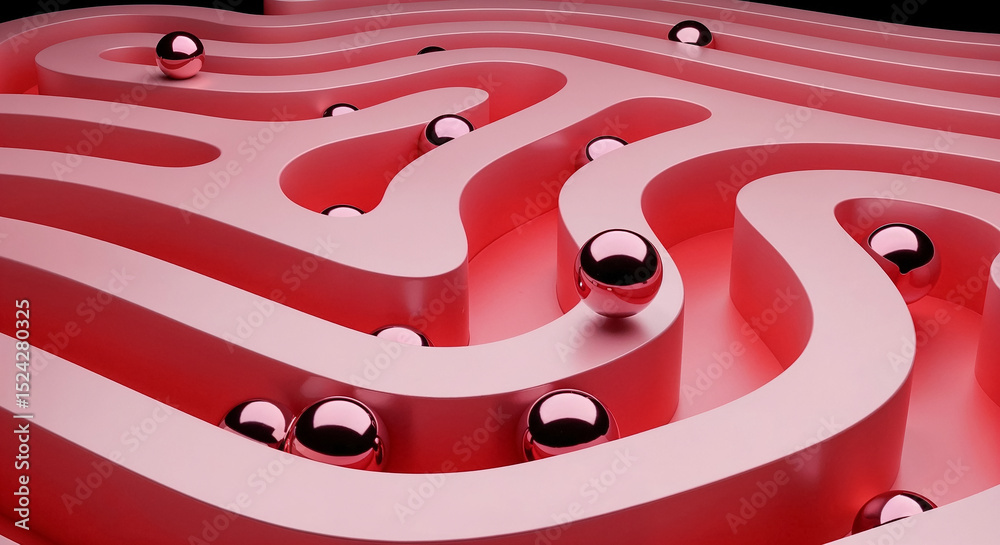 Poster spheres rolling through pink labyrinth: abstract concept of challenge and uncertainty