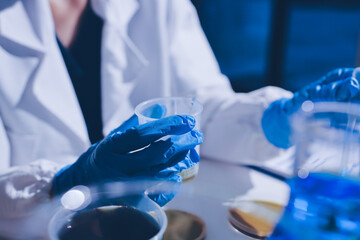 Scientist pipetting medical samples into microplate in laboratory