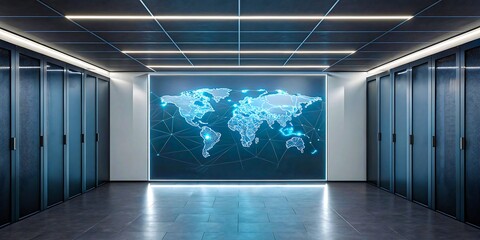 Futuristic data center with glowing world map digital interface
