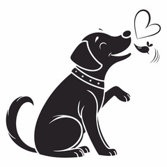 Happy dog with heart and bird, isolated vector illustration