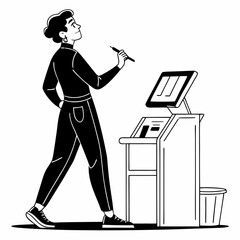 Woman using digital tablet kiosk clean cutout
