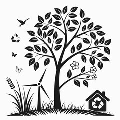 Black and white eco friendly tree illustration