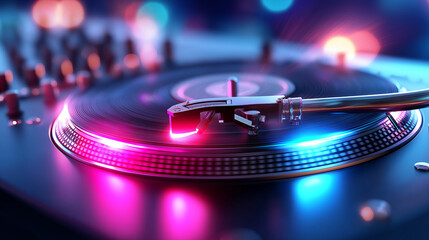 Professioneller Plattenspieler mit Vinyl-Schallplatte und bunter Neon-Beleuchtung