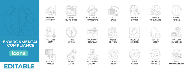 Line icons for eco compliance, sustainability, safety and green audits

