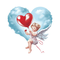Romantic Cupid Holding Heart Shaped Balloon Vector Illustration for Valentine's Day Designs