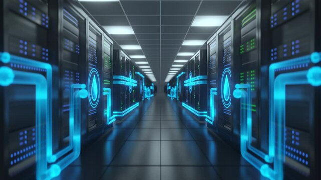 Futuristic data center liquid cooling technology for enhanced efficiency environmental sustainability. Blue glowing pipes circulate coolant within server racks, modern, eco-friendly infrastructure. - Powered by Adobe