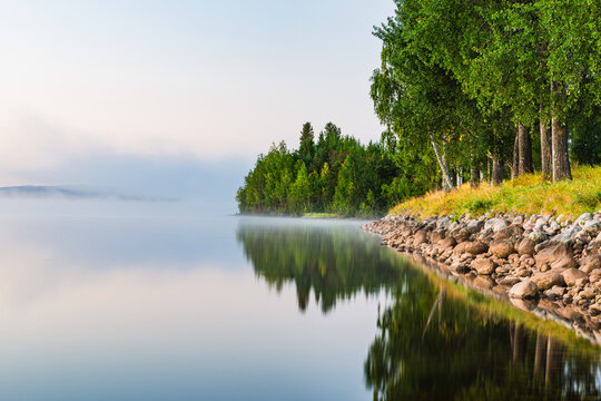 Misty morning on the still lake in Sweden with lush greenery lining the shore