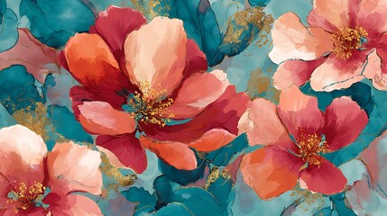 A Stunning Watercolor Painting of Vibrant Coral and Peach Blossoms