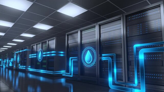 Visual representation of a modern data center utilizing a liquid cooling system for energy efficiency and environmental sustainability. Pipes and water drops illustrate the cooling process. - Powered by Adobe