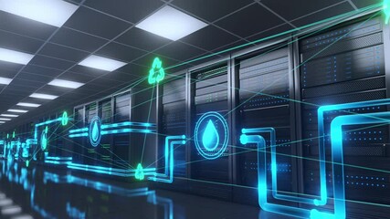 Modern data center featuring liquid cooling with water recycling for enhanced energy efficiency and sustainable environmental conservation, optimizing server performance. - Powered by Adobe