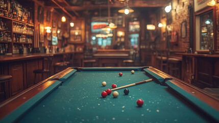 billiard table with colorful balls and wooden cues on green felt in cozy recreation room 