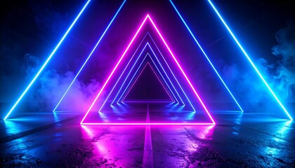 Fototapeta premium Neon triangle tunnel with futuristic background.
