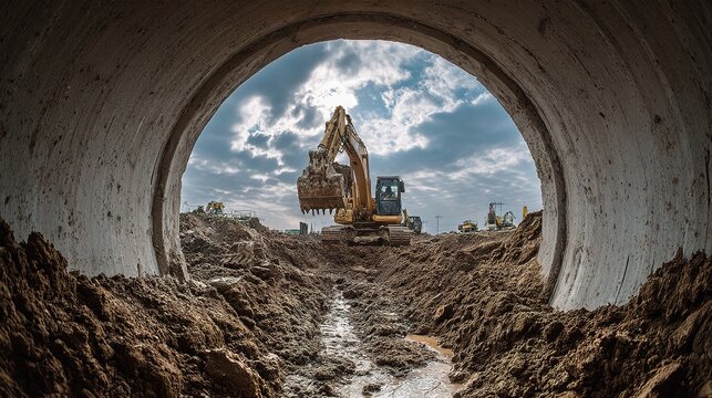 Excavator Working on Earthworks Through Concrete Culvert View
