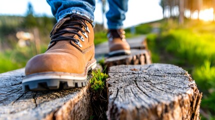 Close-up of hiking boots stepping on a tree trunk in a scenic outdoor setting