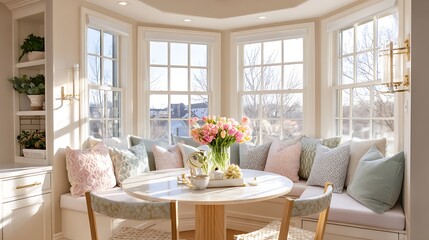Sunlit Bay Window Breakfast Nook with Elegant Seating and Decor