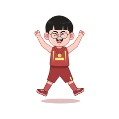Chinese Cartoon cute little boy playing basketball Excited medal Winner