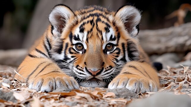 Adorable tiger cub lying on the ground with a curious and relaxed expression