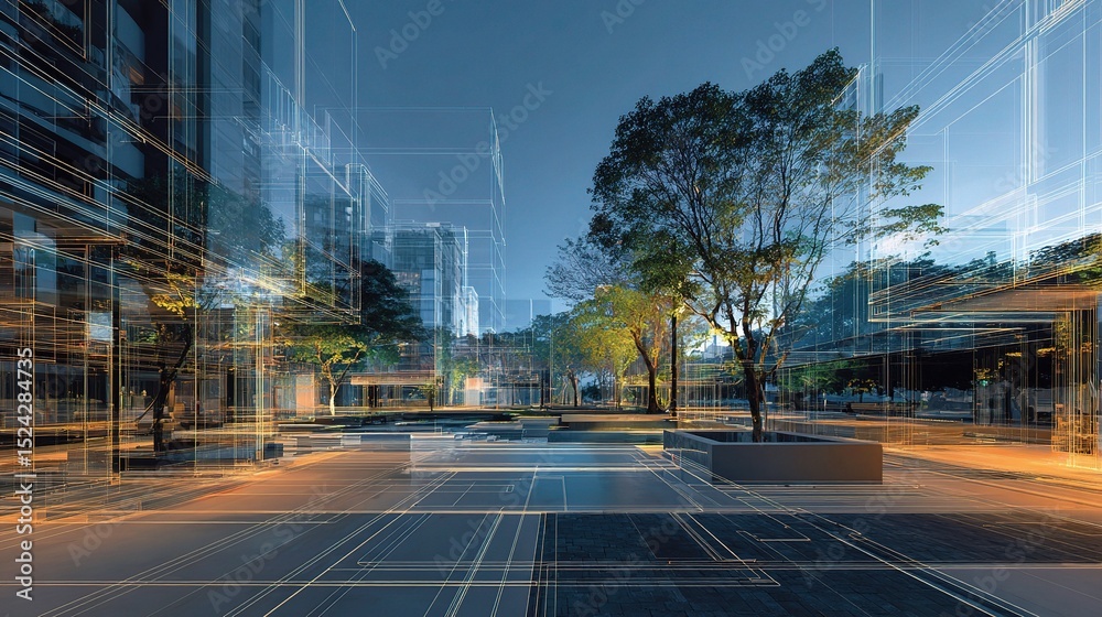 Poster digital building rendering overlay on physical site with trees