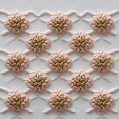 Crocheting handmade minimalist concept. Textured fabric design featuring floral motifs in a soft, muted color palette.
