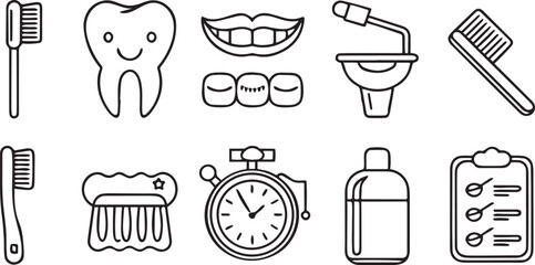 Oral Hygiene and Tooth Brushing Icons Editable Stroke Line Vector Set for Dental and Health Use