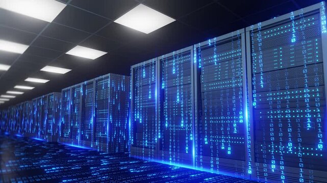 Abstract concept of artificial intelligence, big data, and network in digital server room with binary code data stream flowing over racks and floor. - Powered by Adobe