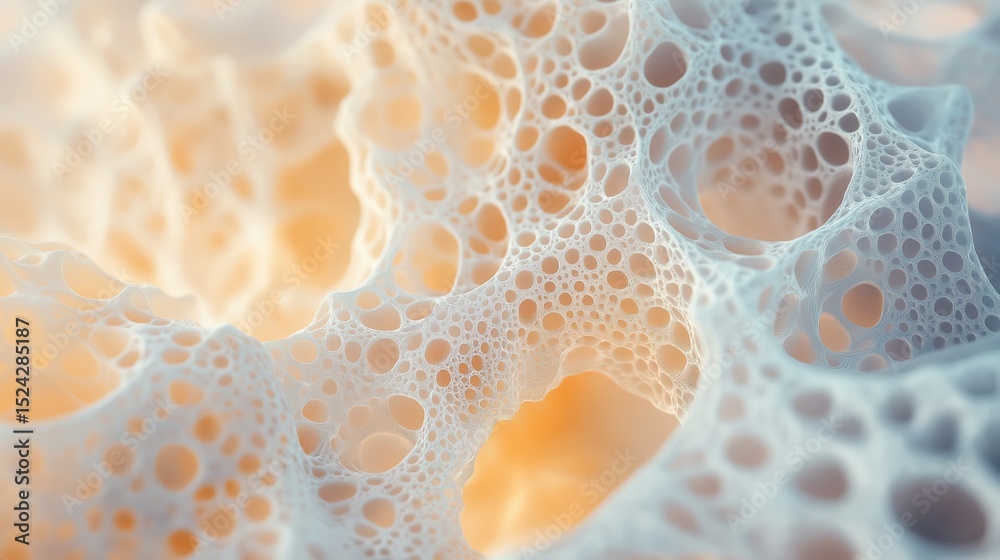 Poster close-up 3d abstraction of a porous organic structure with intricate, lace-like networks, resembling