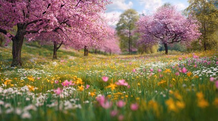Fototapeta premium Vibrant Spring Meadow with Cherry Blossoms in Full Bloom