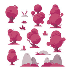 Vector nature set with pink trees, bushes, and rocks in flat fantasy style for game or design.