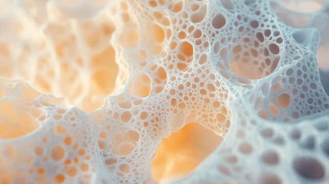 Close-up 3D abstraction of a porous organic structure with intricate, lace-like networks, resembling the spongy interior of a bone