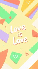 A vibrant, clean design of intersecting LGBTQ+ flags  in geometric shapes, with bold typography that says 'Love is Love' in the center, modern flat style