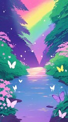 soft-toned stream reflecting subtle rainbow hues,  pastel blossoms shaped like hearts stars gentle morning glow, butterflies in LGBTQ+ flag colors, symbolizing peace diversity