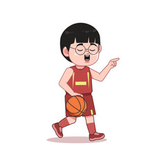 Chinese Cartoon cute little boy playing basketball Point Finger