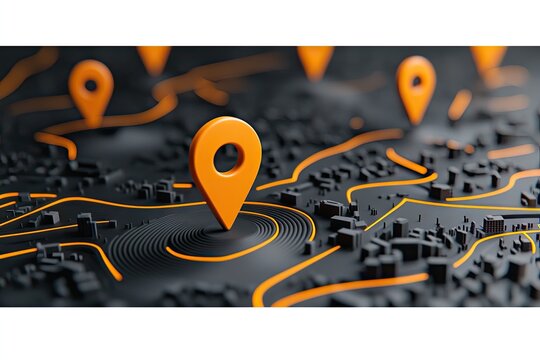 Abstract map with multiple orange location markers.  Dark, 3D rendered cityscape