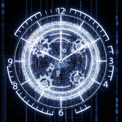 AI-Generated Futuristic Clock Made of Rotating Code Snippets and Binary Gears to Represent Time Management, Automation, and Artificial Intelligence Control of Digital Systems
