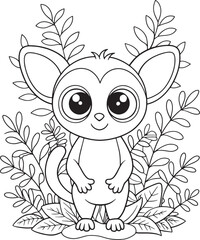Adorable Bush Baby Coloring Page Jungle Leaves Animal Design Vector Illustration