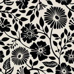 Elegant black silhouette floral pattern on cream background repeating botanical design
