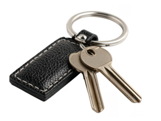 Black leather keyring with two keys isolated on transparent background