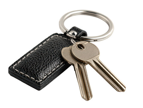 Black leather keyring with two keys isolated on transparent background