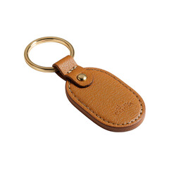 Brown leather keyring with gold ring isolated on transparent background