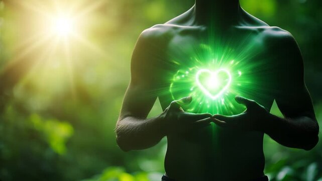 man is practicing meditation in nature with full open heart chakra radiating green light. anahata fourt chakra meditation
