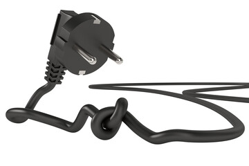 Electric plug tied in a knot on white background. Isolated 3D illustration