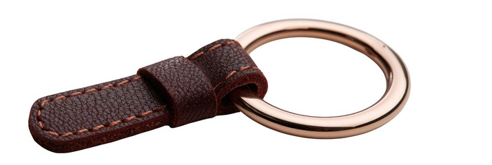 Brown leather and rose gold ring keychain isolated on transparent background