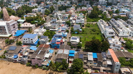 Drone view of Solar city building with solar panel on roof top.