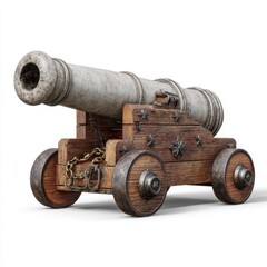 Antique cannon on wooden carriage isolated on white background