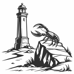 Fototapeta premium Coastal lighthouse scene with a crab on a rock