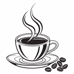 Steaming cup of coffee with coffee beans